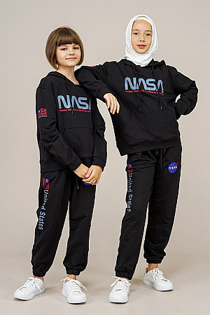 Young Girls Text Printed Tracksuit Set Black