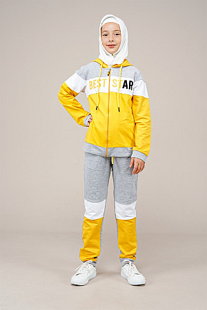 Young Girls Text Detailed Hooded Tracksuit Set Yellow