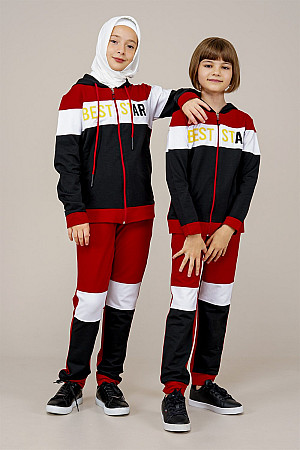 Young Girls Text Detailed Hooded Tracksuit Set Claret Red
