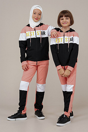 Young Girls Text Detailed Hooded Tracksuit Set Salmon