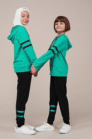 Young Girl&#39;s Text and Stripe Detailed Tracksuit Set Turquoise