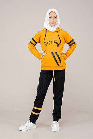 Young Girls&#39; Text and Stripe Detailed Tracksuit Set Mustard