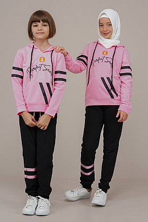 Young Girl&#39;s Tracksuit Set with Text and Stripe Detail, Pink