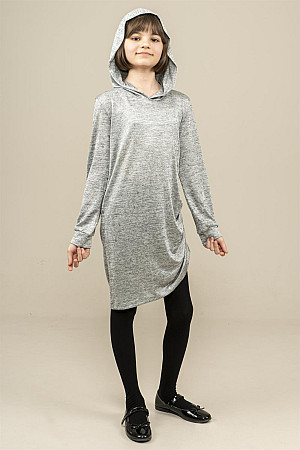 Young Girl Rope Pleated Hooded Tunic Gray