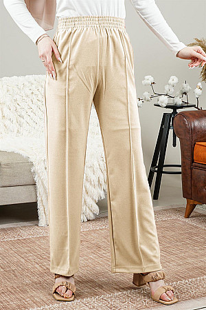 Women&#39;s Waist Elastic Pocket Trousers Beige