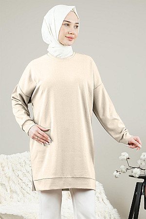 Kadın Düşük Kol Uzun Sweatshirt Bej