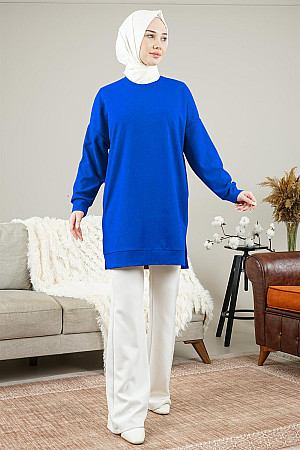 Kadın Düşük Kol Uzun Sweatshirt Saks Mavisi