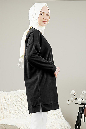 Kadın Düşük Kol Uzun Sweatshirt Siyah