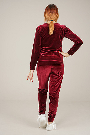 Women&#39;s Embroidery Detailed Velvet Pajama Set Claret Red