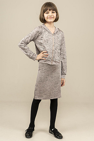Genç Kız Kapüşonlu Elbiseli Takım Pudra