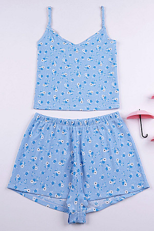 Askılı Çiçek Desenli Mavi Renk Kadın Pijama Takımı