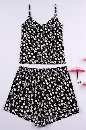 Askılı Çiçek Desenli Siyah Renk Kadın Pijama Takımı