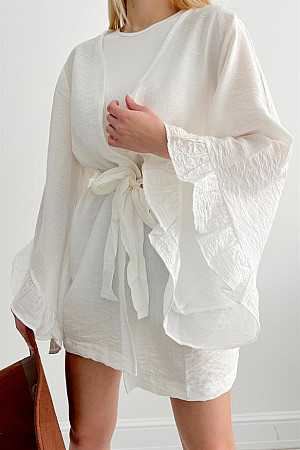 Loose Kimono with Flounce Sleeves White