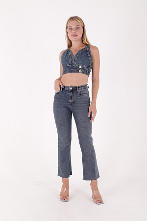 Yüksek Bel Mom Fit Jean, Paçalı, Püsküllü Orta Mavi - Renkli (26-31)