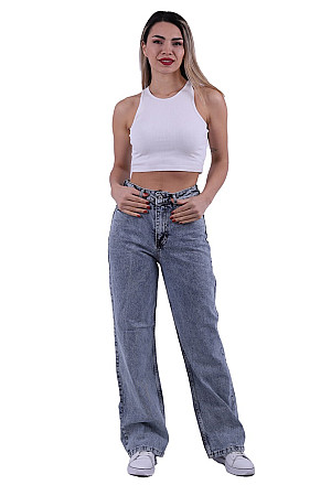 Wide Leg Relaxed Jeans with Bottom Back Buttons Snow Light Blue (27-32)