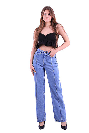 Wide Leg Relaxed Jeans with Extra Lines in Front Light Blue Denim (26-31)