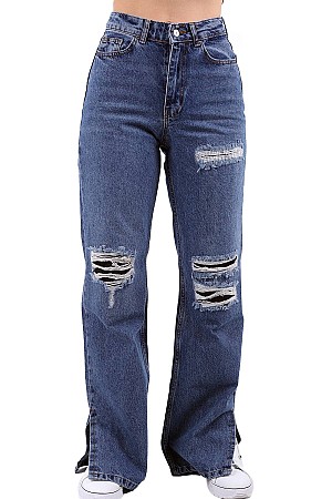 Yüksek Bel Soba Borulu Paça Jean Orta Yırtmaçlı Mavi Denim (26-31)