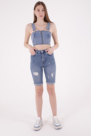 Alttan Çift Katlı Kot Şort Orta Mavi Denim (S-XL-6)