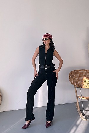 Kuplu Kolsuz Fermuarlı Kot Tulum 3013-23-(S-XL)