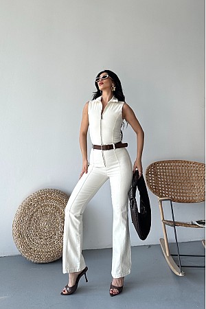 Kuplu Kolsuz Fermuarlı Kot Tulum 3013-80-(S-XL)