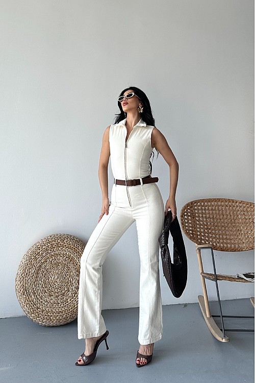 Kuplu Kolsuz Fermuarlı Kot Tulum 3013-80-(S-XL)