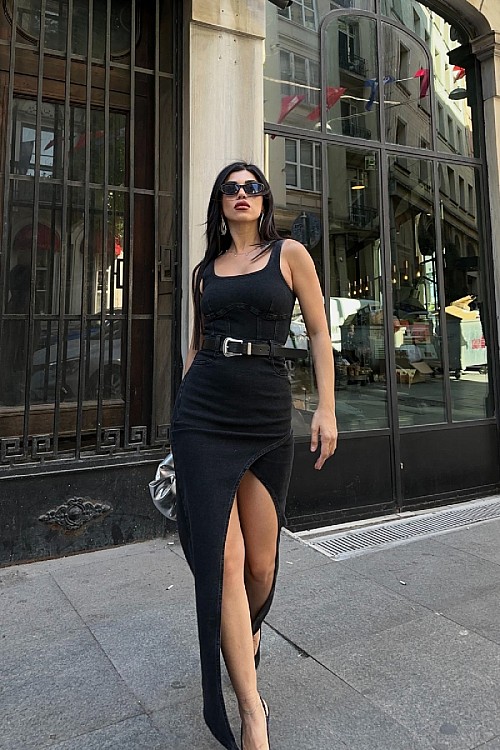 Asimetrik Detaylı Kot Elbise 3019-23-(S-XL)