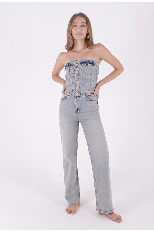 Straplez Düğmeli Kot Tulum 3023-42-(XS-XL-7)