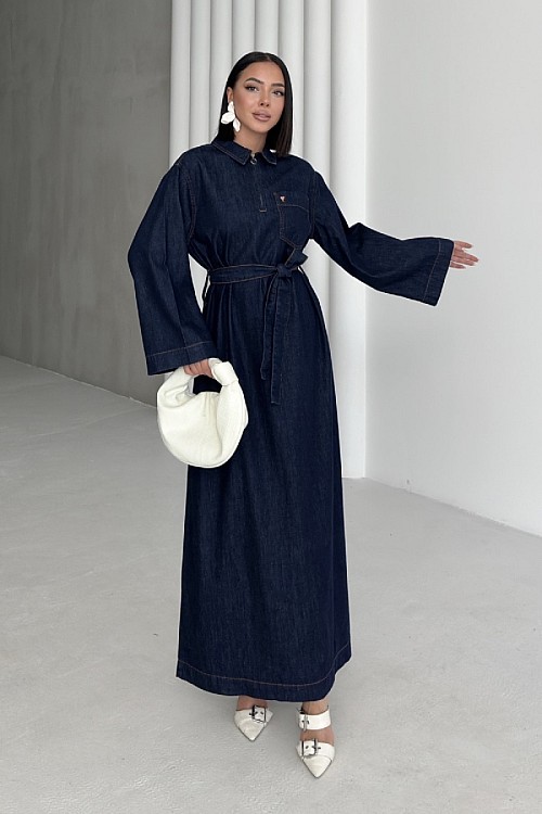 Kuşaklı Uzun Kot Elbise 3035-17-(S+L+3)