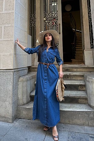 Düğmeli Uzun Elbise 3039-26-(S-XL)