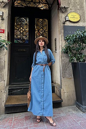 Düğmeli Uzun Elbise 3039-27-(S-XL)