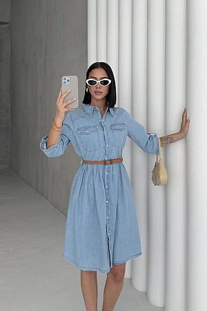 Büzgü Detaylı Kısa Kot Elbise 3040-15-(S-XL)