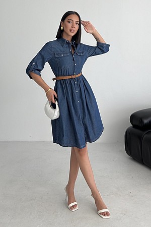 Büzgü Detaylı Kısa Kot Elbise 3040-26-(S-XL)