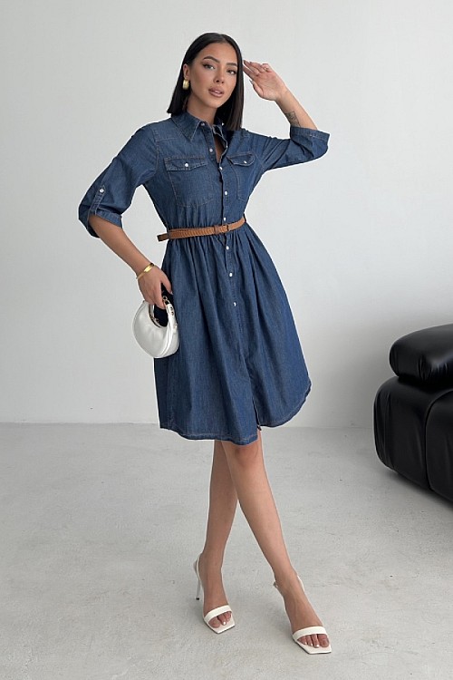 Büzgü Detaylı Kısa Kot Elbise 3040-26-(S-XL)