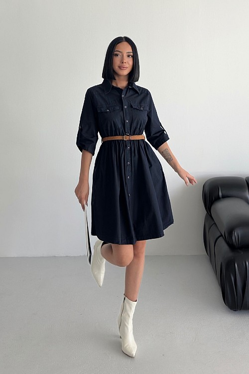 Büzgü Detaylı Kısa Kot Elbise 3040-73-(S-XL)