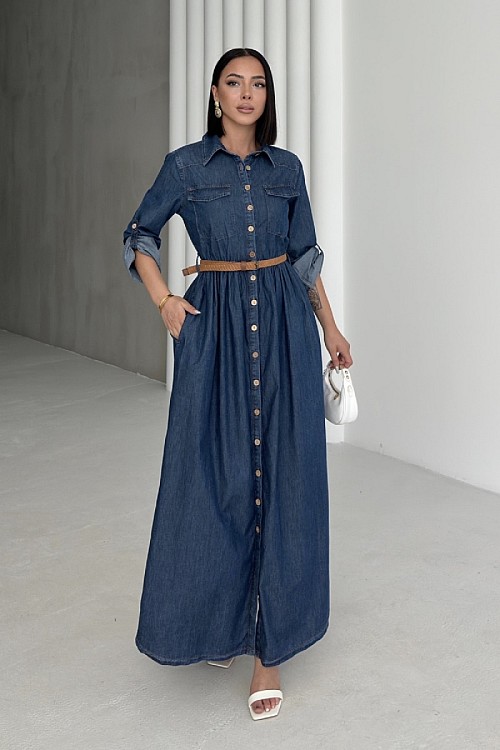 Düğmeli Uzun Kot Elbise 3041-26-(S-XL)