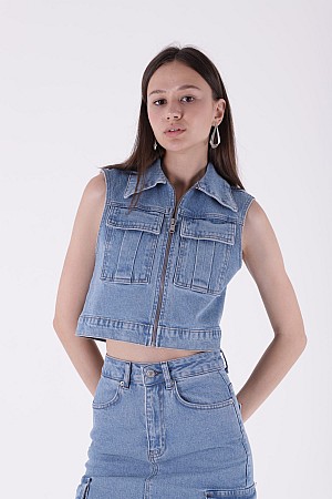 Fermuarlı Mini Kot Yelek 6018-15-(XS-XL)