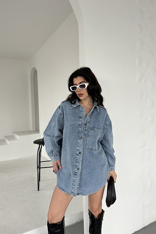 Düğmeli Oversize Kot Gömlek 6080-08-(S+L+3)