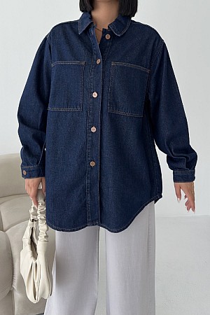 Düğmeli Oversize Kot Gömlek 6080-17-(S+L+3)