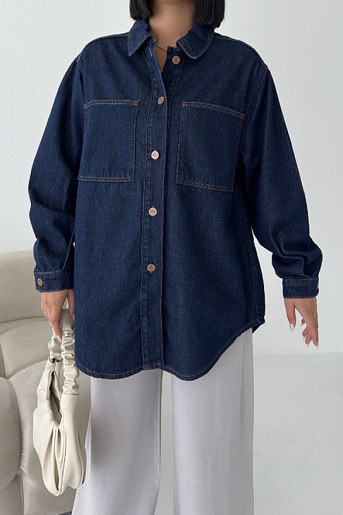Düğmeli Oversize Kot Gömlek 6080-17-(S+L+3)
