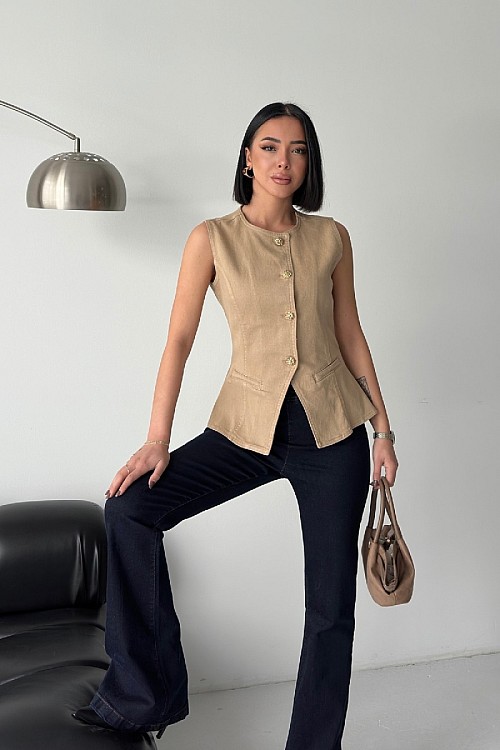 Belden Oturtmalı Düğmeli Kot Yelek 6086-70-(S-XL)