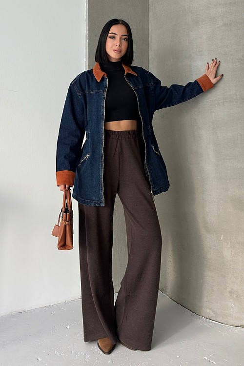 Kadife Detaylı Fermuarlı Kot Ceket 6129-26-(S-XL)