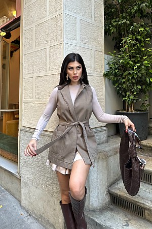 Kuşaklı Kruvaze Yaka Yelek 6137-72-(S-XL)