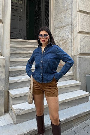 Kol Manşet Detaylı Kot Gömlek 6150-26-(S-XL)