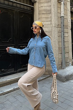 Kol Manşet Detaylı Kot Gömlek 6150-27-(S-XL)