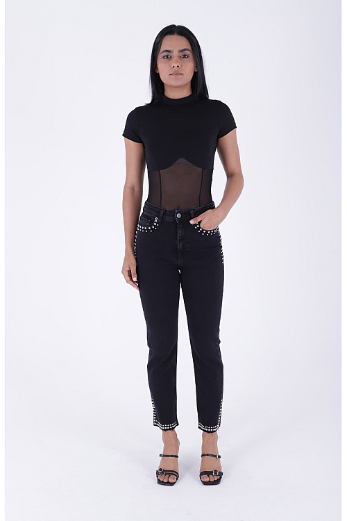 Taşlı Mom Fit Kot Pantolon 7023-23-(28-33)
