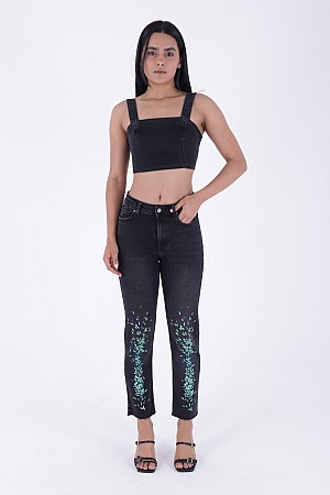 Baskılı Kesik Paça Kot Pantolon 7027-03-(26-31)