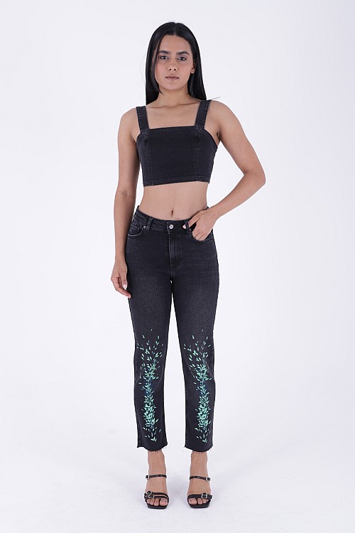 Baskılı Kesik Paça Kot Pantolon 7027-03-(28-33)