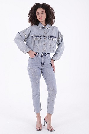 Çapraz Taşlı Mom Fit Kot Pantolon 7054-08-(26-31)