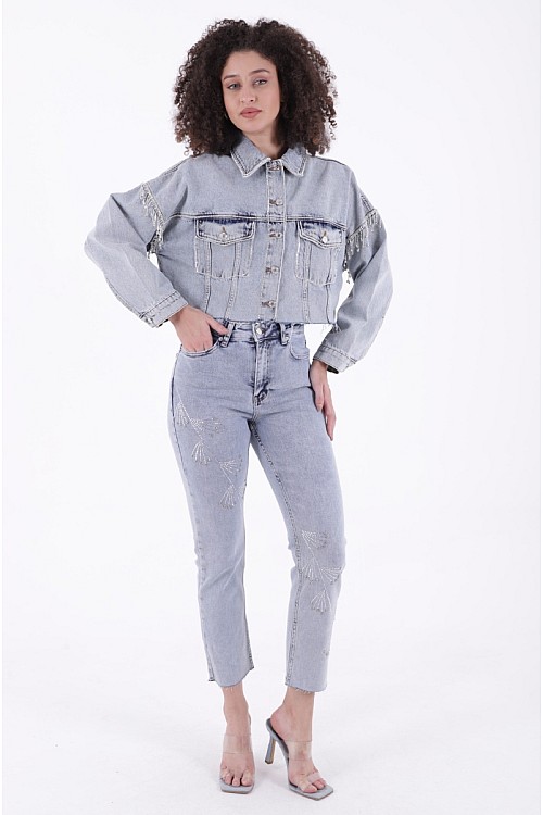 Çapraz Taşlı Mom Fit Kot Pantolon 7054-08-(26-31)