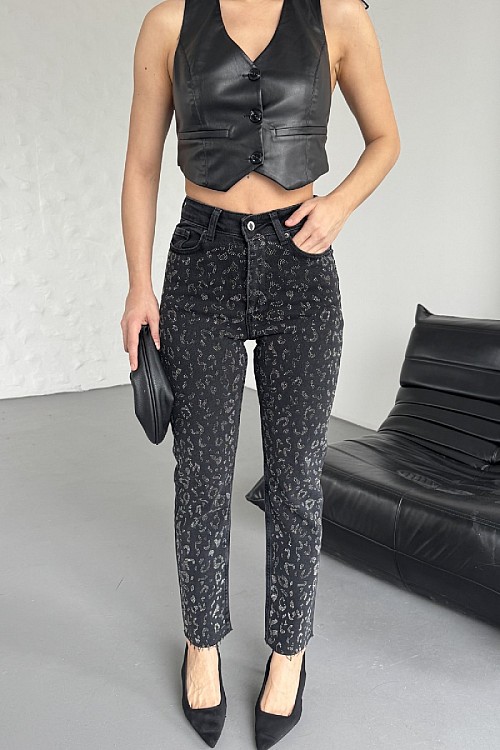 Leopar Taşlı Mom Fit Kot Pantolon 7089-23-(26-31)